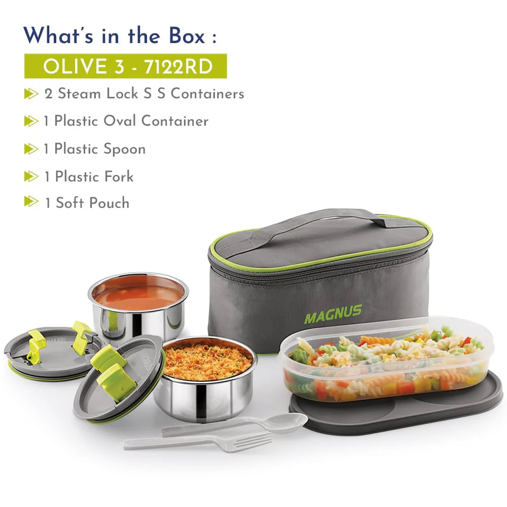 Olive-3 Stainless Steel Lunch Box Set – 3 Leak-Proof Containers with Insulated Thermal Bag | 950ml Airtight Tiffin for Office, School & Kids (Silver)