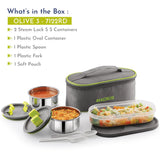 Olive-3 Stainless Steel Lunch Box Set – 3 Leak-Proof Containers with Insulated Thermal Bag | 950ml Airtight Tiffin for Office, School & Kids (Silver)