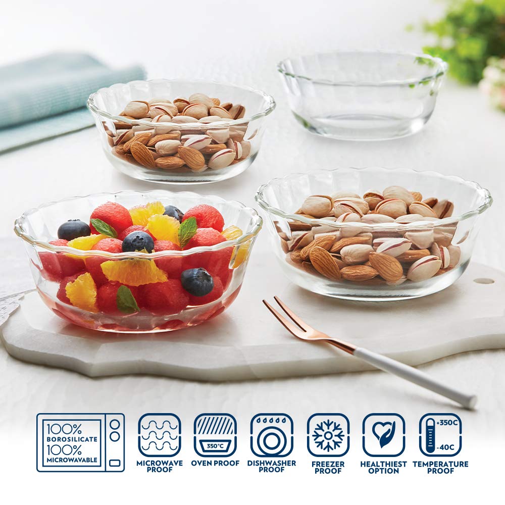 Borosil Glass Solid Serving Bowls, Oven & Microwave Safe Bowls, Set of 4 (430 ml Each), Borosilicate Glass, Clear