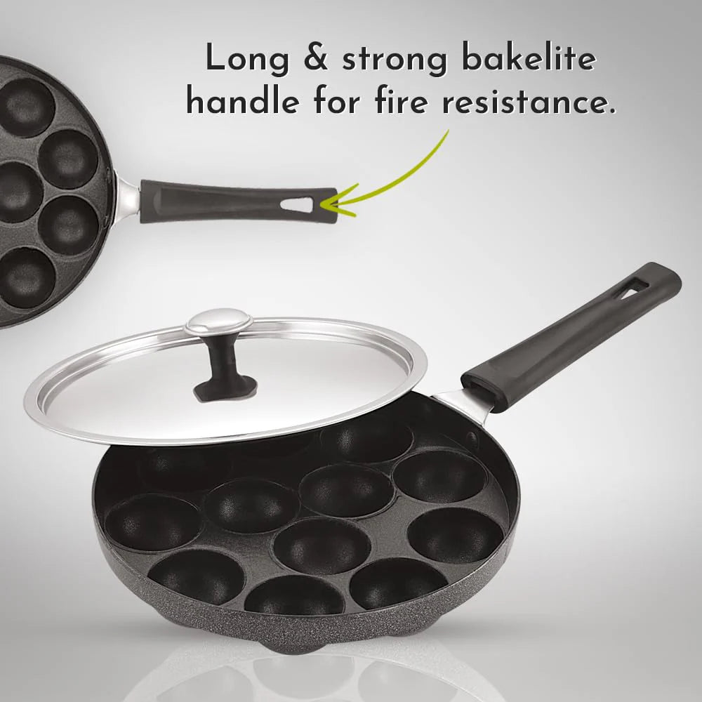 Appam Patra with Stainless Steel Lid | 12 Cavity Non-Stick Pan | Induction Friendly | Heavy Duty Aluminum | Single Handle with SS Lid | Appam Pan | Litti Maker | Black