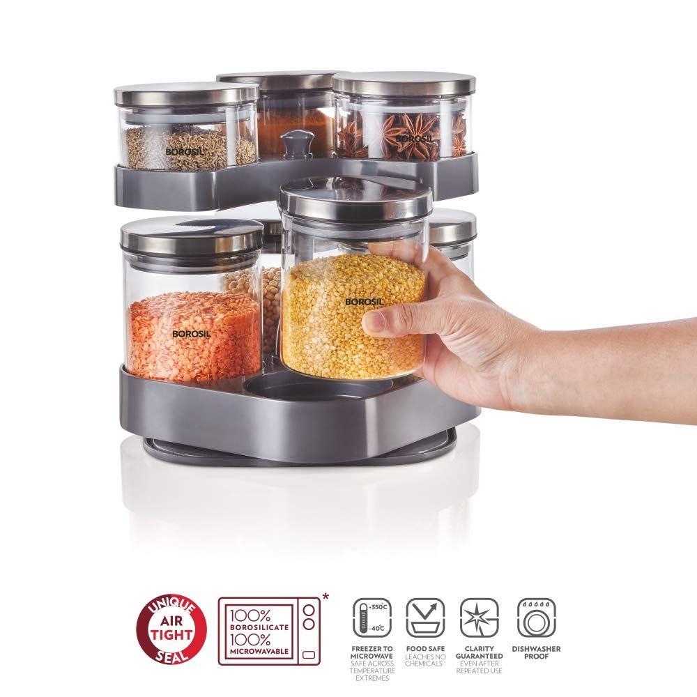 Borosil Spin N Store Tray With Classic Glass Jars, 360° Rotating Tray, Air-Tight Storage Containers For Kitchen, Glass Jar For Storing Spices, Snacks, Grains, Dals, Set of 7, Clear