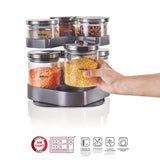 Borosil Spin N Store Tray With Classic Glass Jars, 360° Rotating Tray, Air-Tight Storage Containers For Kitchen, Glass Jar For Storing Spices, Snacks, Grains, Dals, Set of 7, Clear