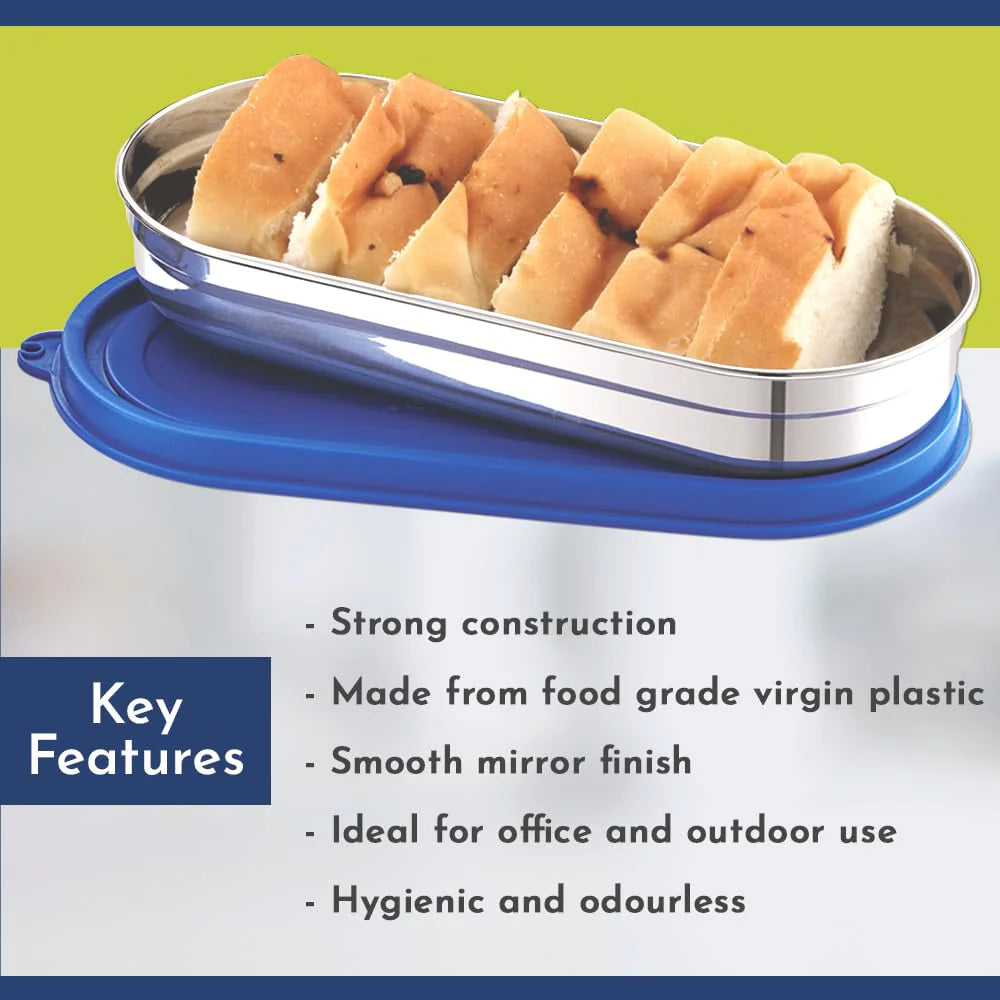 Easy Lock Oval Prime Stainless Steel Container – Airtight & Leakproof Lid for School, Office, Picnic | Ideal for Men, Women & Kids (Royal Blue, 450ml)