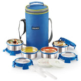 Aura 4 Deluxe Stainless Steel Lunch Box for Kids | Airtight, Leakproof, Insulated | Ideal Lunch Boxes for Office Men & Women | Hot Meals | Convenient Carrying Pouch (Blue)