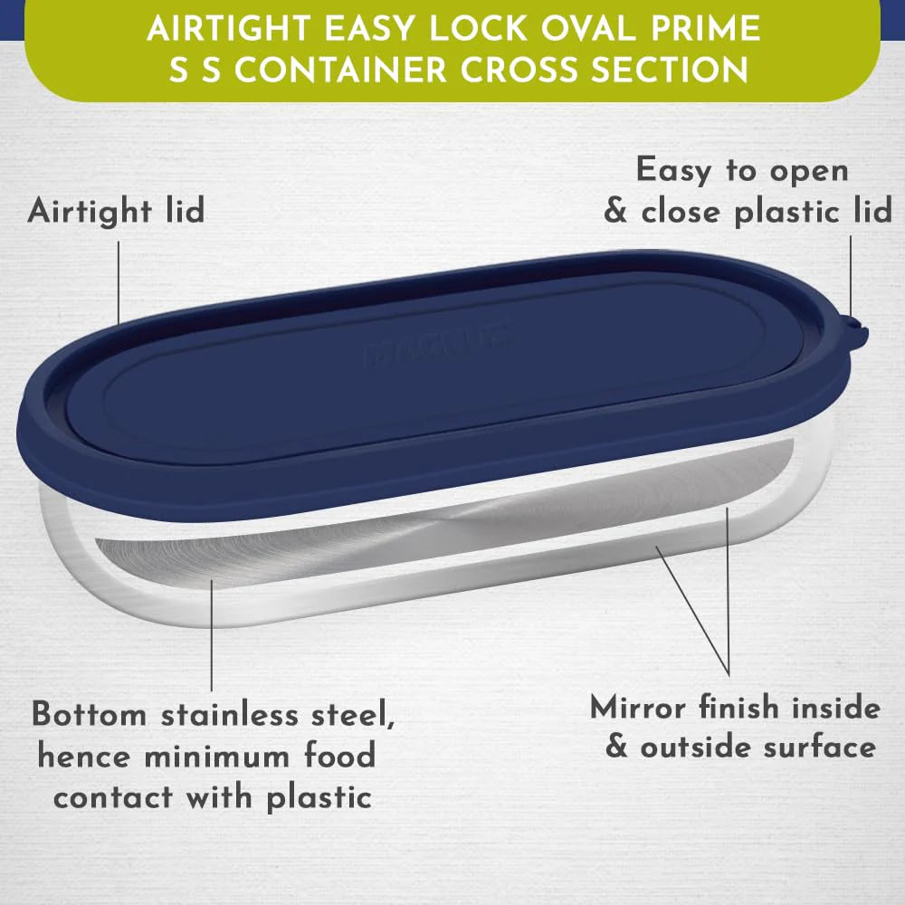 Easy Lock Oval Prime Stainless Steel Container – Airtight & Leakproof Lid for School, Office, Picnic | Ideal for Men, Women & Kids (Dark Blue, 450ml)