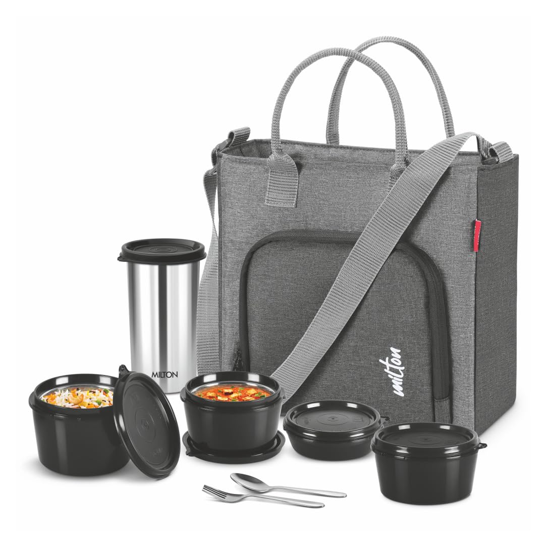Style Mate Tiffin (4 Microwave Safe Inner Steel Containers, 180/320/320/450 ml; 1 SS Tumbler, 380 ml, Spoon and Fork) With Insulated Fabric Jacket, Grey