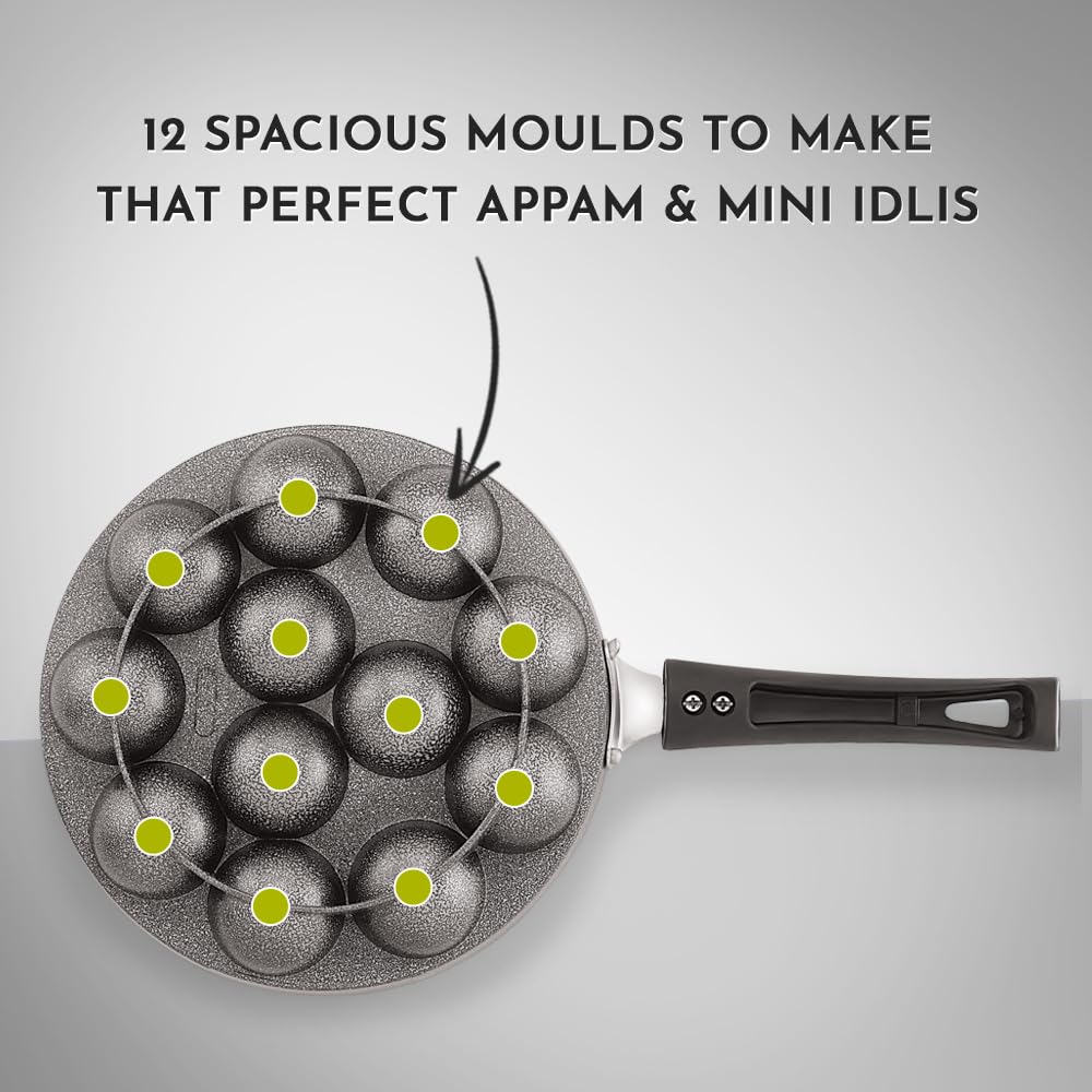 Appam Patra with Stainless Steel Lid | 12 Cavity Non-Stick Pan | Induction Friendly | Heavy Duty Aluminum | Single Handle with SS Lid | Appam Pan | Litti Maker | Black
