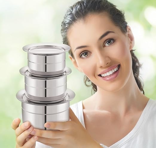 Mukti Premium Stainless Steel Curry & Coffee Pan,Tope,Patila,Pot,Cooking Utensil,Multipurpose Cookware with Lid,Durable and Silver Classic Finish,Ideal for Home & Kitchen,Pack of 3-250,350,500ml