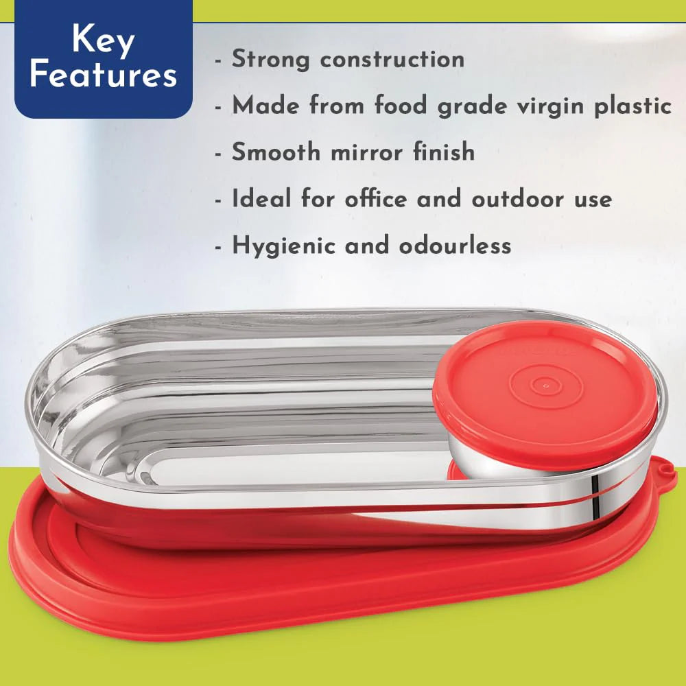 Easy Lock Stainless Steel Prime Oval & Chocolate Container Set – Airtight & Leakproof Tiffin for School, Office, Picnic | Lunch Box for Men, Women & Kids (Red, 100ml & 450ml)