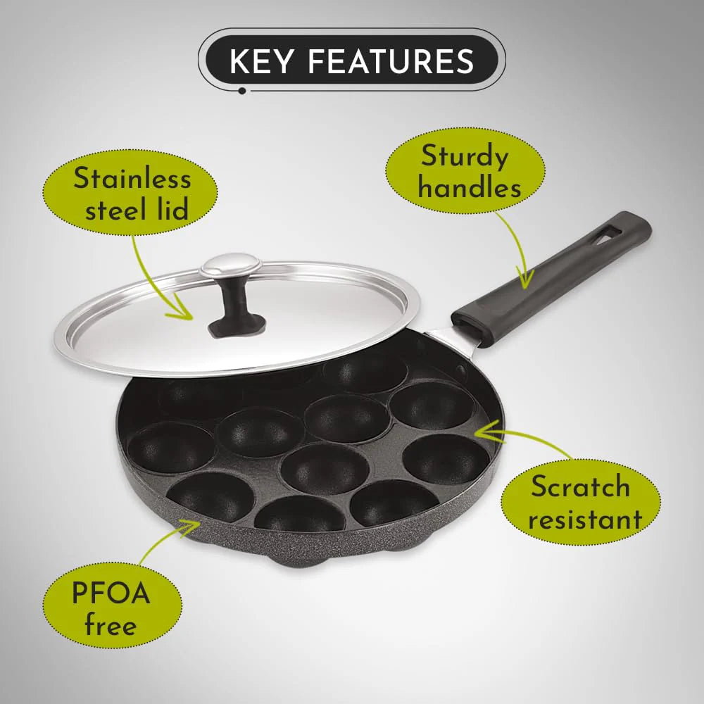 Appam Patra with Stainless Steel Lid | 12 Cavity Non-Stick Pan | Induction Friendly | Heavy Duty Aluminum | Single Handle with SS Lid | Appam Pan | Litti Maker | Black