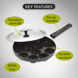 Appam Patra with Stainless Steel Lid | 12 Cavity Non-Stick Pan | Induction Friendly | Heavy Duty Aluminum | Single Handle with SS Lid | Appam Pan | Litti Maker | Black