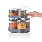Borosil Spin N Store Tray With Classic Glass Jars, 360° Rotating Tray, Air-Tight Storage Containers For Kitchen, Glass Jar For Storing Spices, Snacks, Grains, Dals, Set of 7, Clear