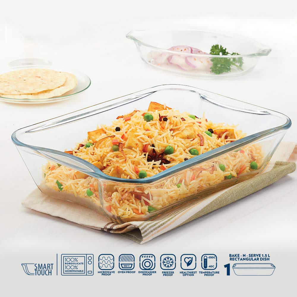 1.5L Baking Dish Set with Handle | Rectangular Shape Bowl Container | Borosilicate Glass Bake and Serve Dish Tray | Microwave, Oven & Dishwasher Safe | Transparent