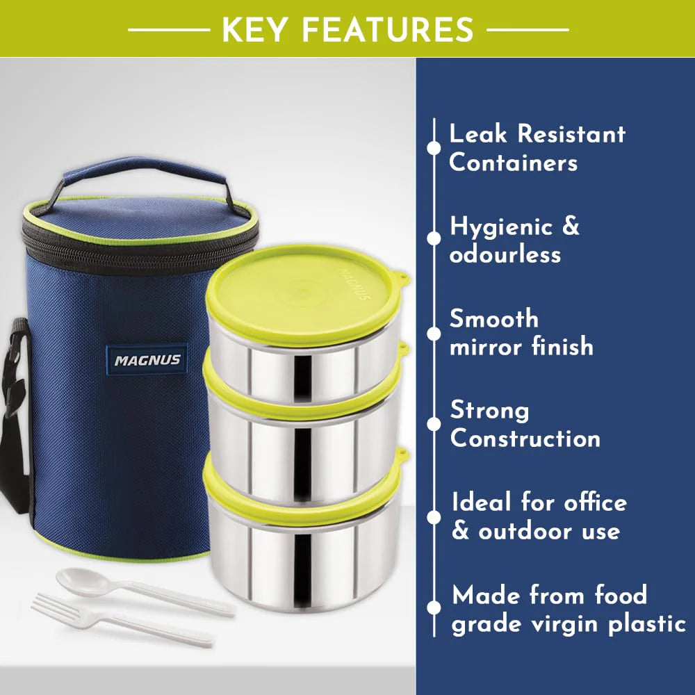 Alfa-3 Stainless Steel Lunch Box Set – 3 Leakproof Containers with Insulated Bag | Air-Tight, Safe & Stylish Tiffin for Office Men, Women & Kids (Blue)