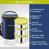 Alfa-3 Stainless Steel Lunch Box Set – 3 Leakproof Containers with Insulated Bag | Air-Tight, Safe & Stylish Tiffin for Office Men, Women & Kids (Blue)