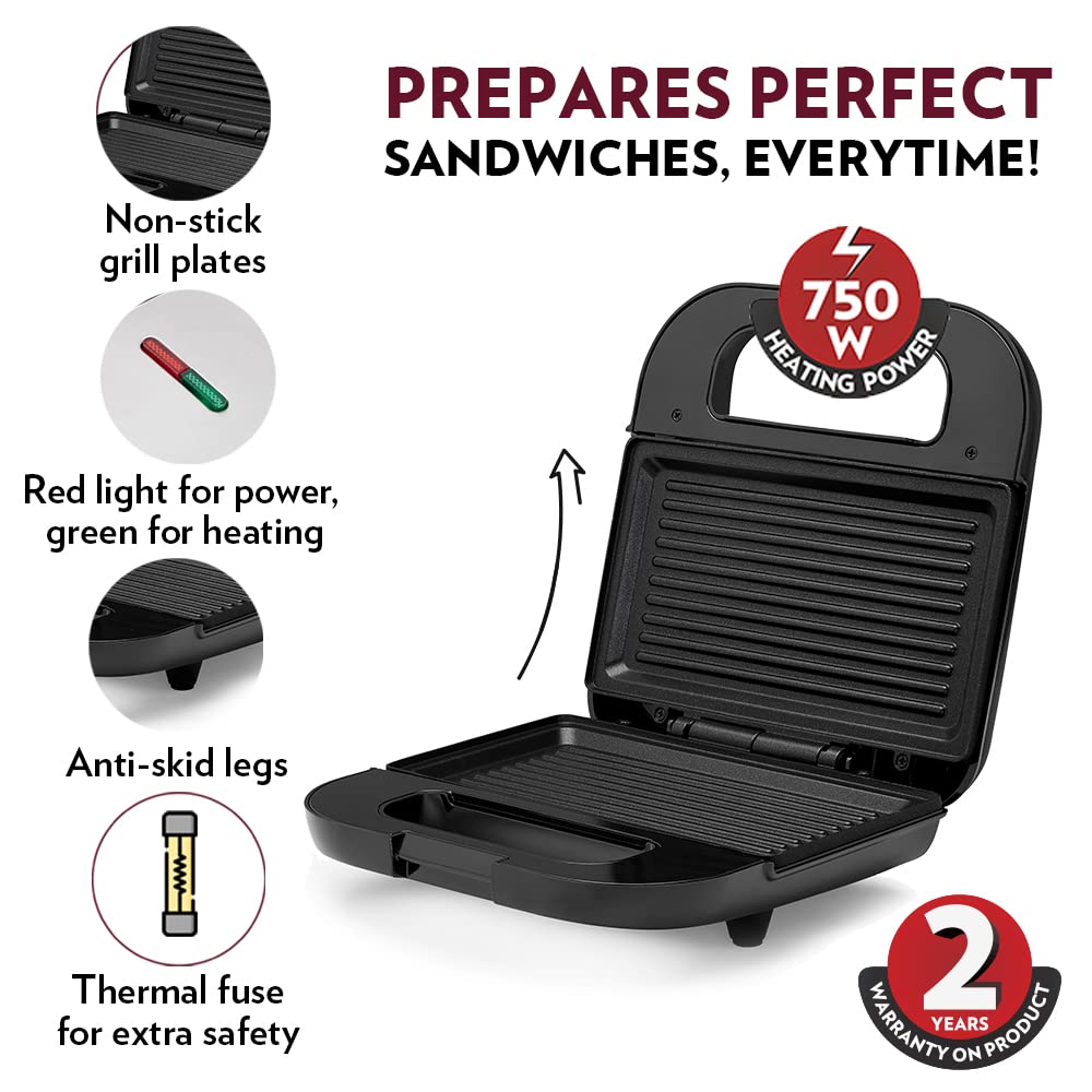 Borosil Klassy Grill Sandwich Maker 800 W, opens 90°