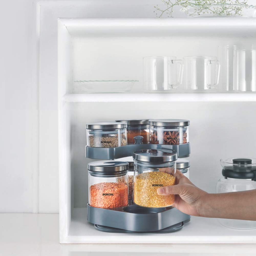 Borosil Spin N Store Tray With Classic Glass Jars, 360° Rotating Tray, Air-Tight Storage Containers For Kitchen, Glass Jar For Storing Spices, Snacks, Grains, Dals, Set of 7, Clear