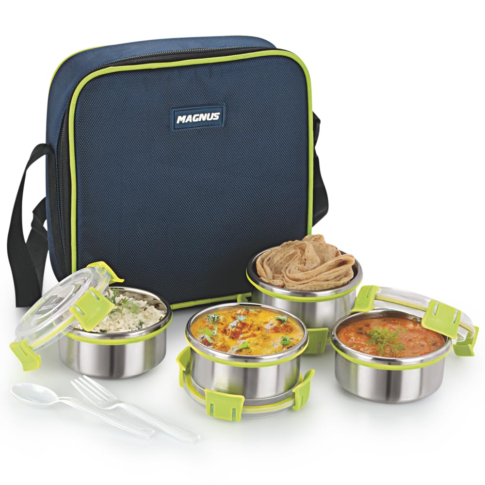 Quatro 4-Piece Stainless Steel Lunch Box Set | Leakproof & Airtight Containers with Insulated Bag | BPA-Free Tiffin for Office, School, Kids, Men & Women