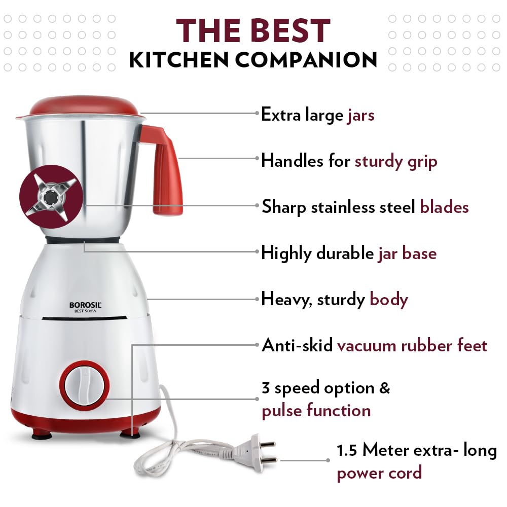 Borosil Best Mixer Grinder 500 W, 3 Jars