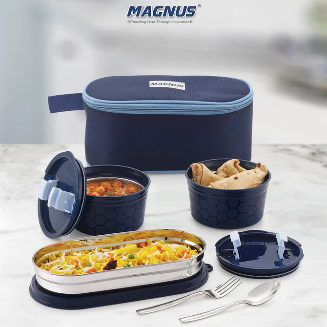Microwave Safe Olive 3 Prime Lunch Box Set - Stainless Steel Containers with Roti Slot, Fork & Spoon Included, Insulated Bag - Lunch Box for Kids, Lunch Boxes for Office Men, Women, School