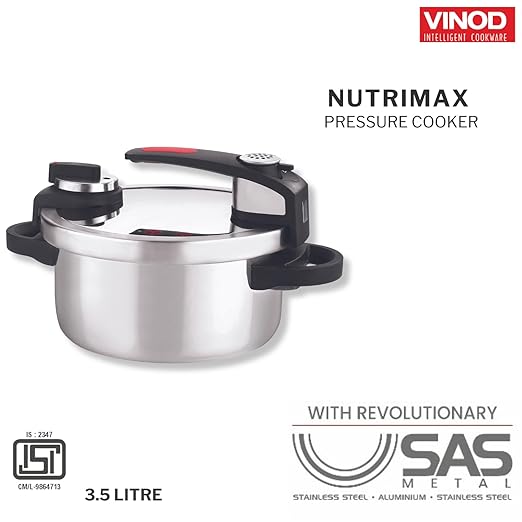 Vinod Stainless Steel Nutrimax Pressure Cooker 3.5 Litre | Sas Technology | Spillage Control, Unique Lid, Auto Lock, Visual Indicator | Induction And Gas Base | ISI Certified