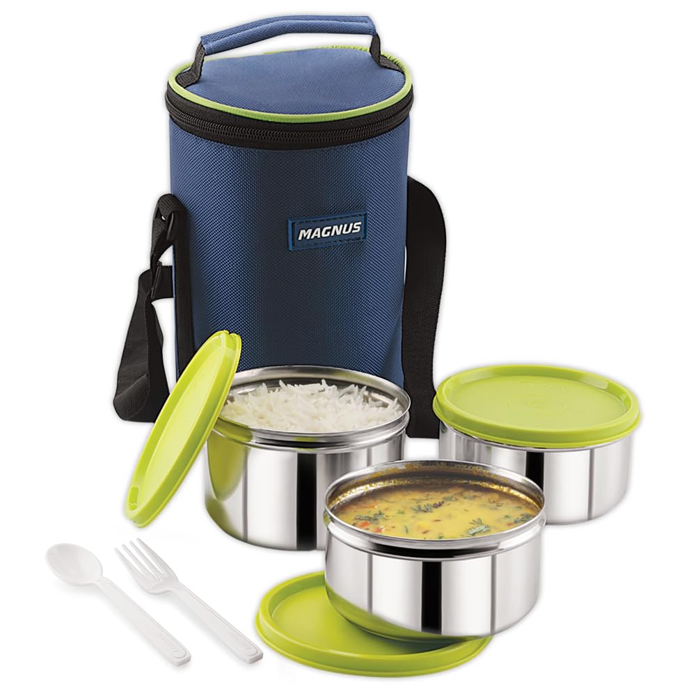 Alfa-3 Stainless Steel Lunch Box Set – 3 Leakproof Containers with Insulated Bag | Air-Tight & Safe Tiffin for Office, School & Travel | Ideal for Men, Women & Kids (Blue)