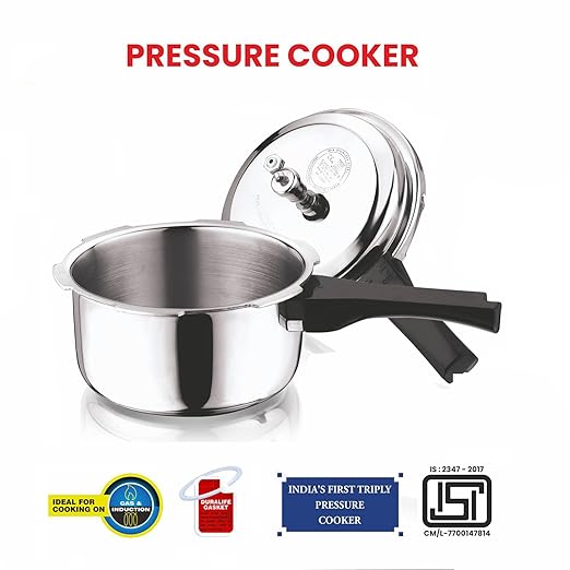 Vinod Platinum Triply Stainless Steel Outer Lid Pressure Cooker - 2 Liter, Induction Friendly, ISI Certified, Small Pressure Cooker for Quick Meals, Silver