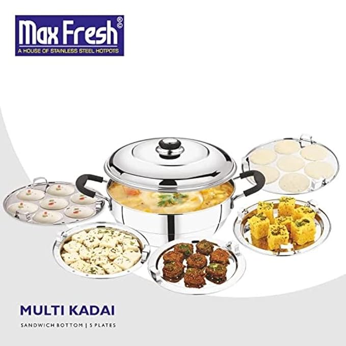 Stainless Steel Dhamaka Multi Kadai with Sandwich Bottom with 5 Plates in 1, Induction frinedly,Silver