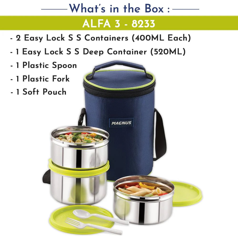 Alfa-3 Stainless Steel Lunch Box Set – 3 Leakproof Containers with Insulated Bag | Air-Tight & Safe Tiffin for Office, School & Travel | Ideal for Men, Women & Kids (Blue)