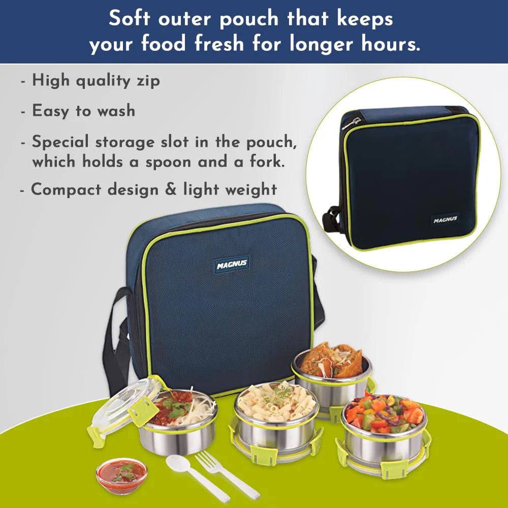 Quatro 4-Piece Stainless Steel Lunch Box Set | Leakproof & Airtight Containers with Insulated Bag | BPA-Free Tiffin for Office, School, Kids, Men & Women