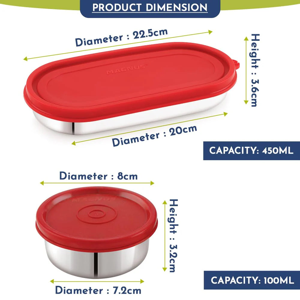 Easy Lock Stainless Steel Prime Oval & Chocolate Container Set – Airtight & Leakproof Tiffin for School, Office, Picnic | Lunch Box for Men, Women & Kids (Red, 100ml & 450ml)