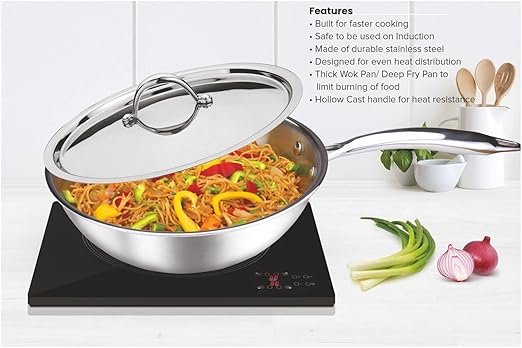 Signoraware Artista Tri-Ply Stainless Steel Induction Compatible Triply WOKPAN/DEEP FRYPAN with Stainless Steel Lid (Induction and Gas Compatible), 22cm, Capacity 2200 ml, Silver