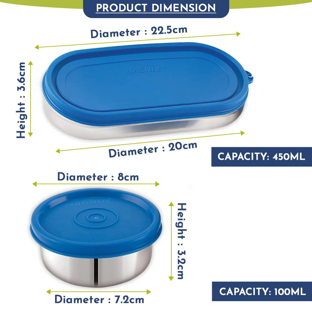 Easy Lock S S Prime Oval & Chocolate Container | Airtight & Leakproof Lid | Tiffin for School, Office, Picnic | Ideal Lunch Boxes for Men, Women, and Kids (Blue, 100ml, 450ml)
