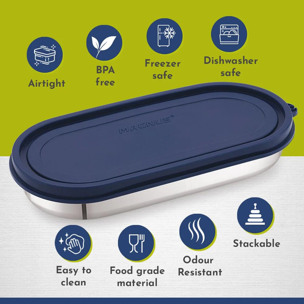 Easy Lock Oval Prime Stainless Steel Container – Airtight & Leakproof Lid for School, Office, Picnic | Ideal for Men, Women & Kids (Dark Blue, 450ml)