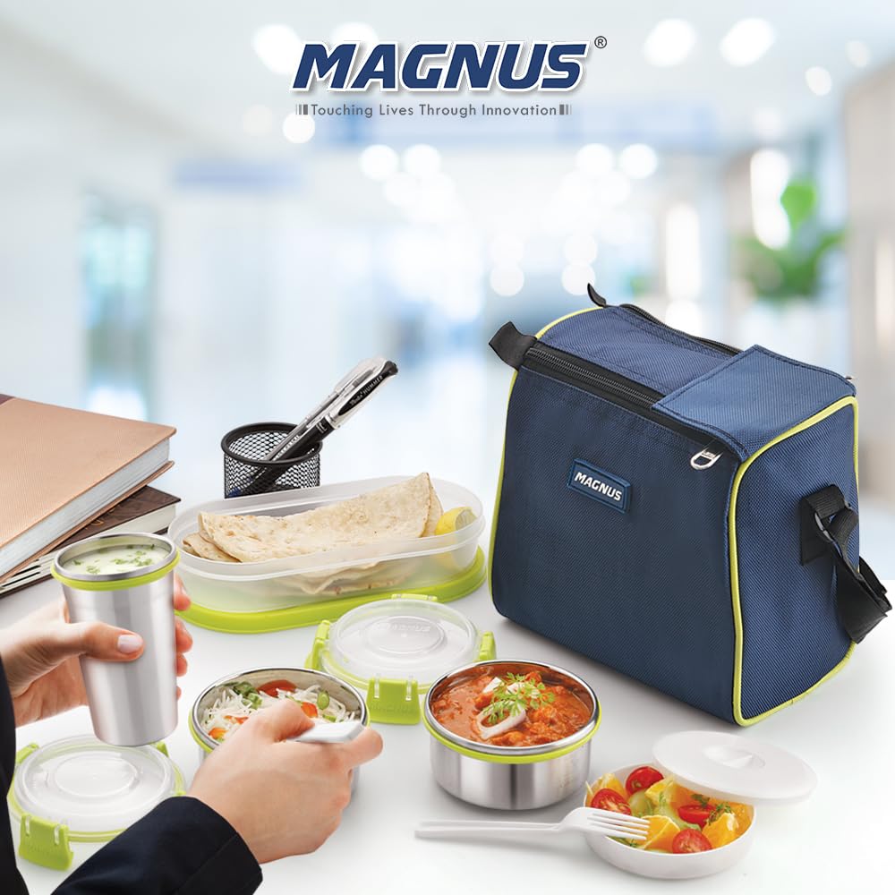 Nexus 5 Stainless Steel Lunch Box Set with Insulated Bag | 5 Leakproof & Airtight Containers | BPA-Free Tiffin for Office, School, Kids, Men & Women – Blue