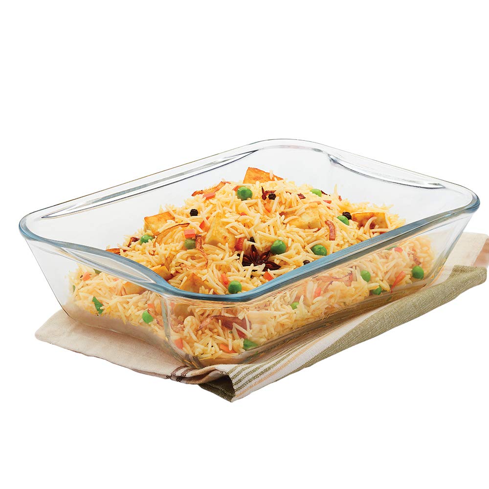 1.5L Baking Dish Set with Handle | Rectangular Shape Bowl Container | Borosilicate Glass Bake and Serve Dish Tray | Microwave, Oven & Dishwasher Safe | Transparent
