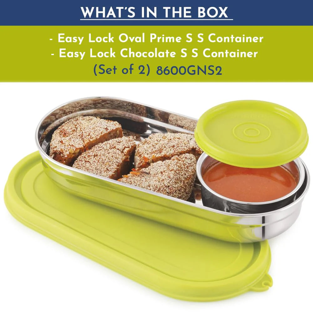 Easy Lock Stainless Steel Prime Oval & Chocolate Container Set – Airtight & Leakproof Tiffin for School, Office, Picnic | Lunch Box for Men, Women & Kids (Green, 100ml & 450ml)