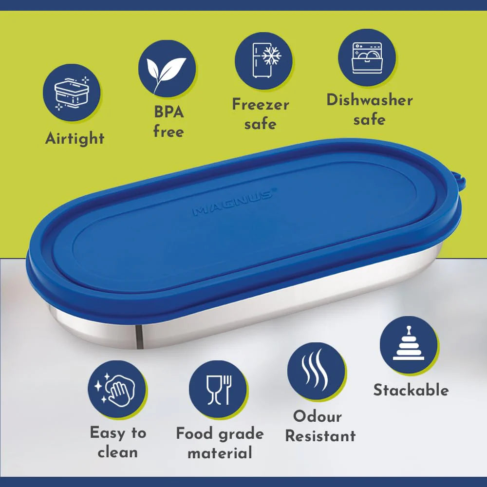 Easy Lock Oval Prime Stainless Steel Container – Airtight & Leakproof Lid for School, Office, Picnic | Ideal for Men, Women & Kids (Royal Blue, 450ml)