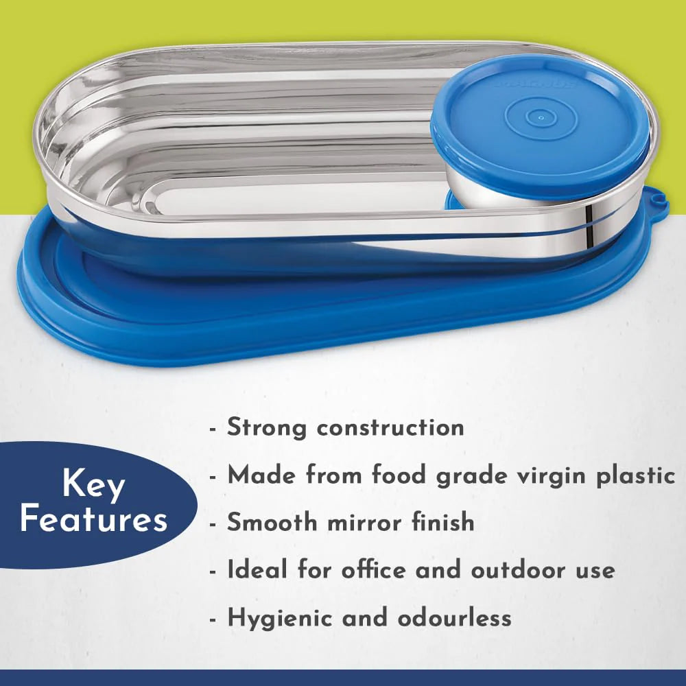 Easy Lock S S Prime Oval & Chocolate Container | Airtight & Leakproof Lid | Tiffin for School, Office, Picnic | Ideal Lunch Boxes for Men, Women, and Kids (Blue, 100ml, 450ml)