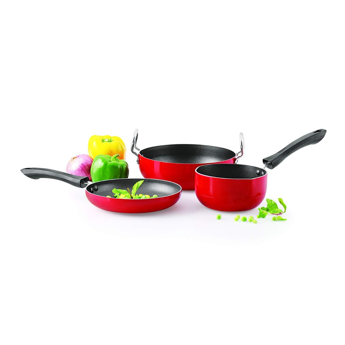 Anjali Non-Stick 3 Pcs Bachelor Set Tapper Pan 540ml, Kadai 1290ml,Sauce Pan 640ml Red & Black