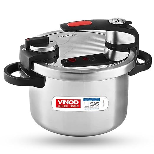 Vinod Stainless steel Nutrimax Pressure Cooker 5.5 Litre | Sas Technology | Spillage Control, Unique Lid, Auto Lock, Visual Indicator | Induction And Gas Base | Isi Certified