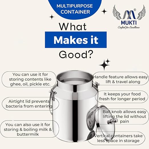 Mukti Stainless Steel Food Storage Jars & Containers|Dabba|Milk, Oil Can|Swiss Can with Handle|1750ml x 1pc