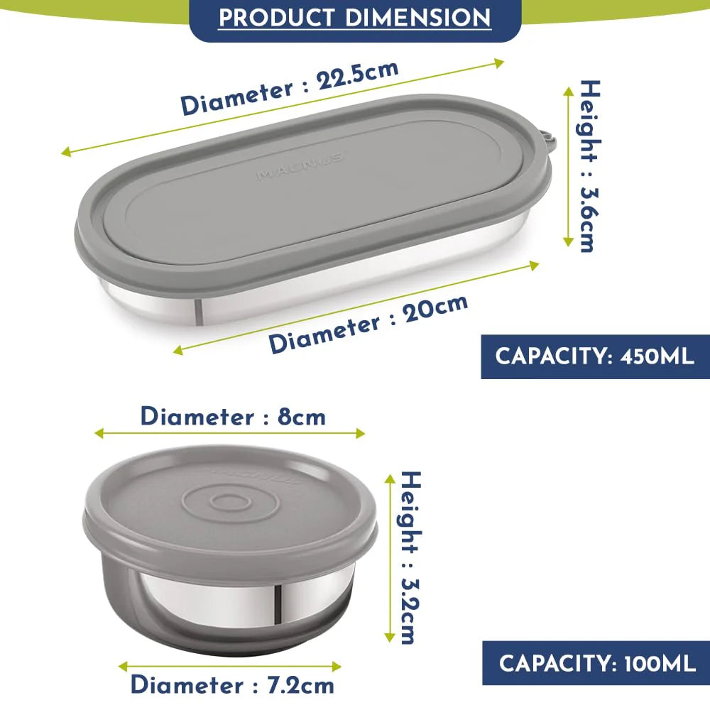 Easy Lock Stainless Steel Prime Oval & Chocolate Container Set – Airtight & Leakproof Tiffin for School, Office, Picnic | Lunch Box for Men, Women & Kids (Grey, 100ml & 450ml)