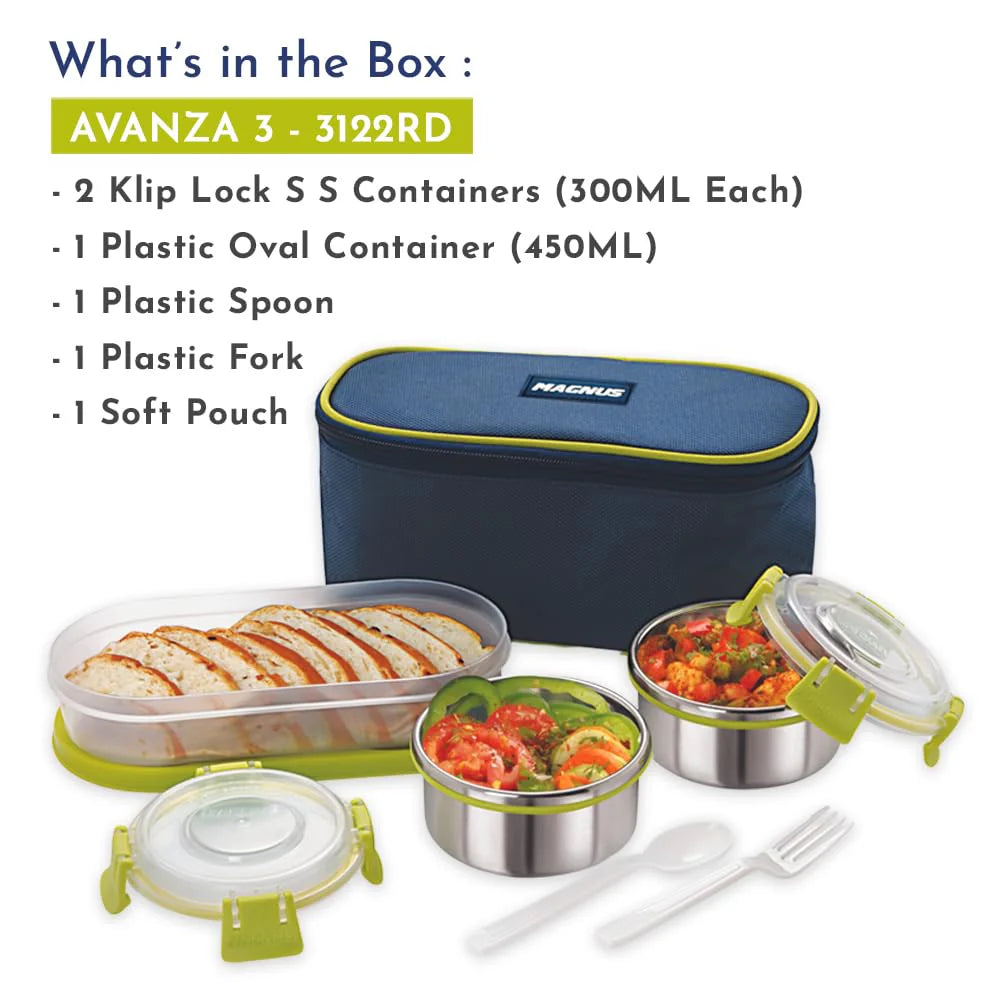 Avanza 3 Stainless Steel Lunch Box Set | 1050ml | Leakproof Tiffin with Bag | Ideal for Office, School, Men, Women, Kids | Air-Tight Food Carrier