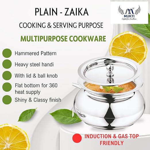 Mukti Stainless Steel Food Storage Handis & Cooking Pots|Curry Pots, Gravy, Rice Patilas, Biryani Kadhai & Topes|Zaika Handi with Lid|1750ml x 1pc
