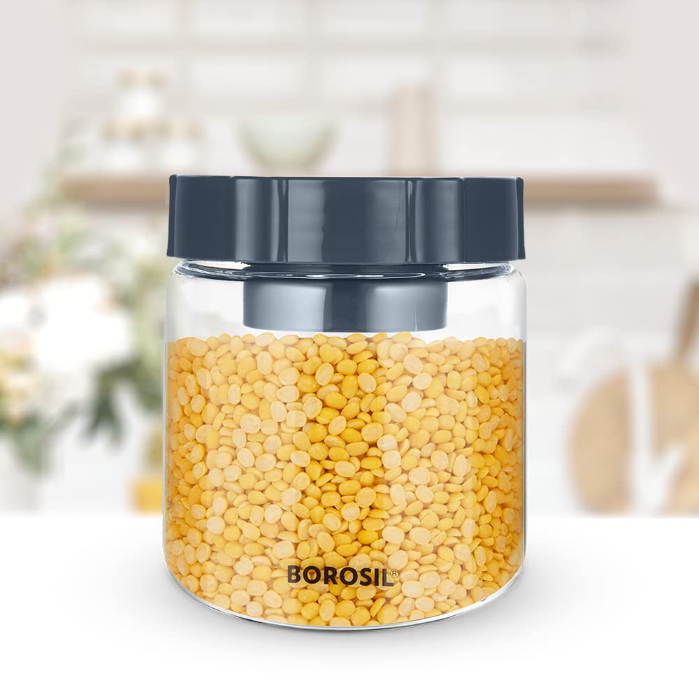 Borosil 600ml Easyscoop Endura Glass Jar with PP Lid | Made in India Borosilicate Glass Storage Organiser | Microwave & Dishwasher Safe Kitchen Containers for Spices, Snacks, Grains, Dals | Clear