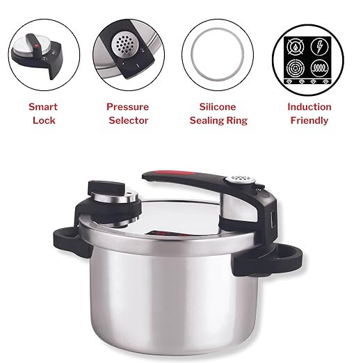 Vinod Stainless steel Nutrimax Pressure Cooker 5.5 Litre | Sas Technology | Spillage Control, Unique Lid, Auto Lock, Visual Indicator | Induction And Gas Base | Isi Certified