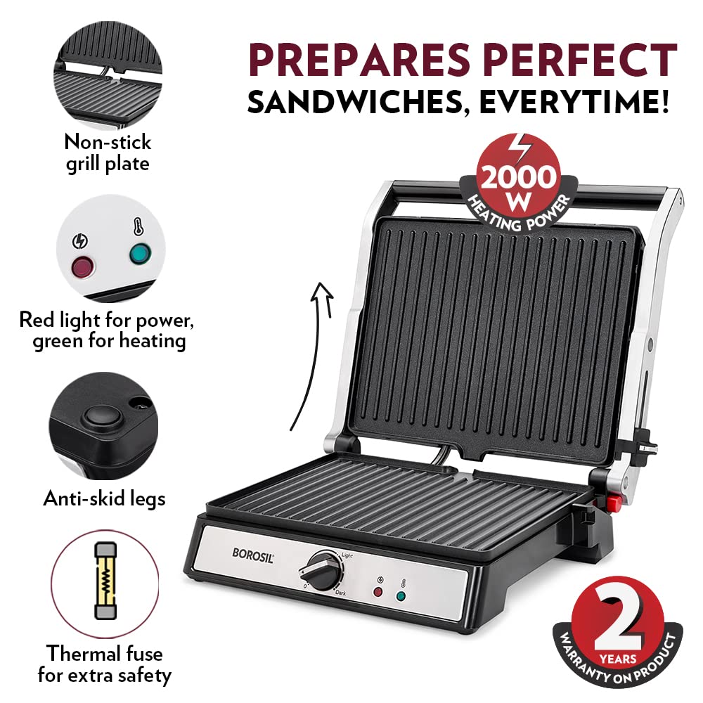 Borosil Super Jumbo 180 Grill Sandwich Maker 2000 W, opens 180°