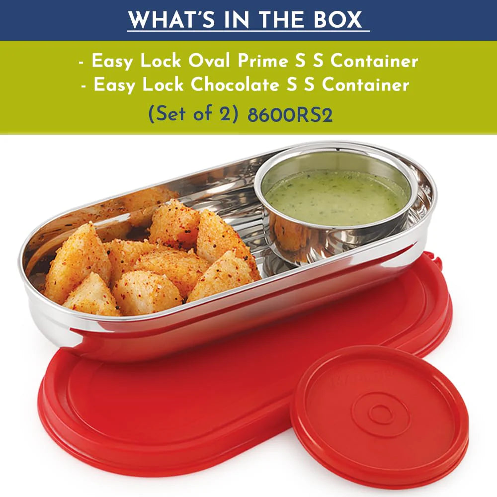 Easy Lock Stainless Steel Prime Oval & Chocolate Container Set – Airtight & Leakproof Tiffin for School, Office, Picnic | Lunch Box for Men, Women & Kids (Red, 100ml & 450ml)