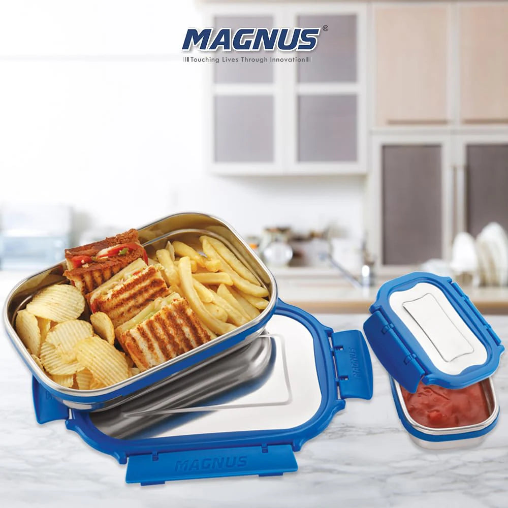 Bolt Deluxe Stainless Steel Lunch Box - Airtight & Leakproof Tiffin Set (800 ml & 150 ml) | Ideal Lunch Box for Kids & Office Men | Perfect for School, Office & Picnic | With Insulated Carrying Bag (Blue)